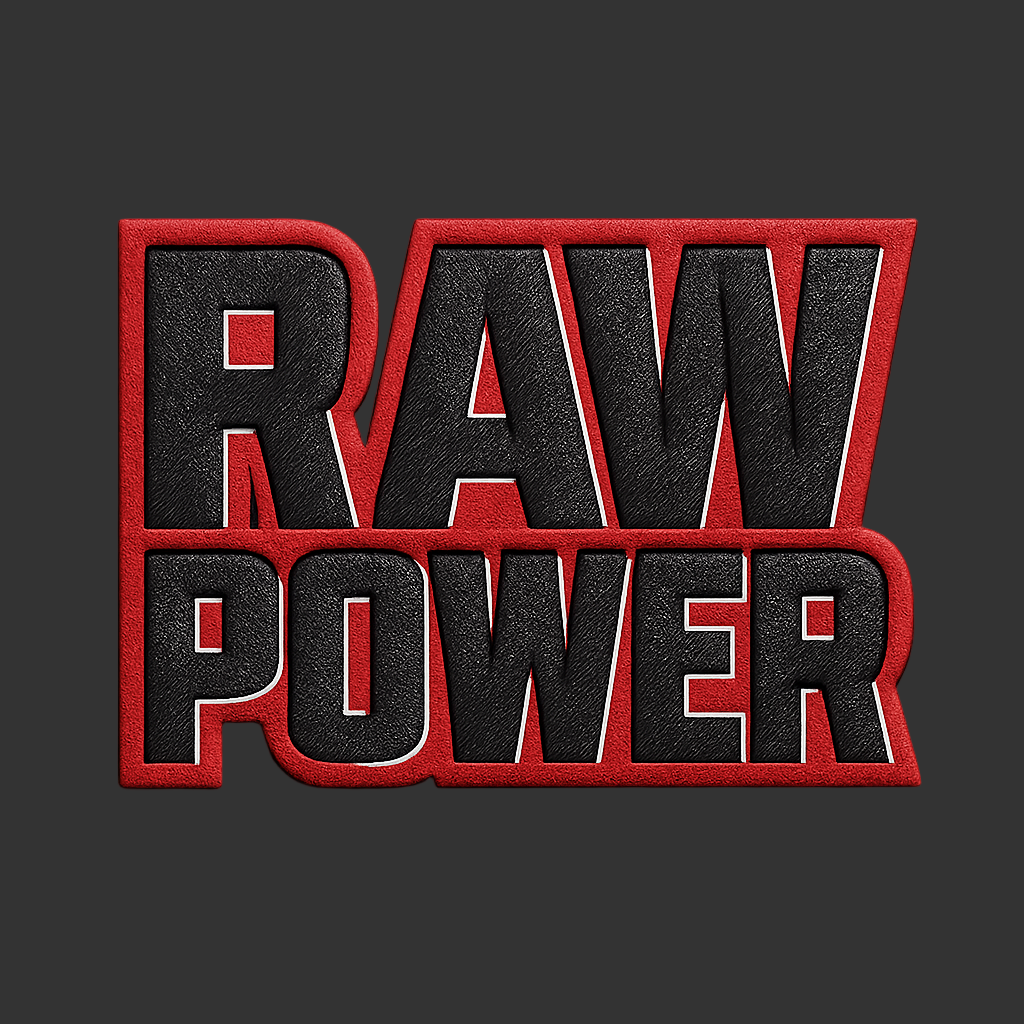 Red and black 'RAW POWER' patch on a white background